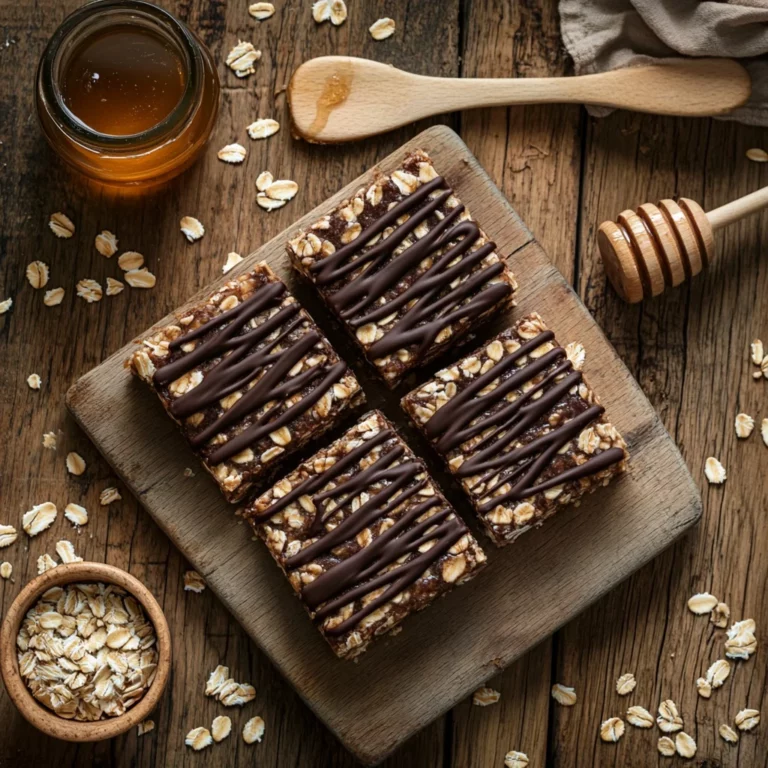healthy no bake oatmeal bars on rustic wooden kitchen counter