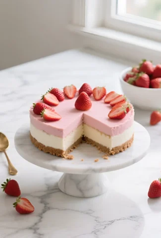 Perfect no-bake strawberry cheesecake with graham cracker crust showing clean slice on marble countertop