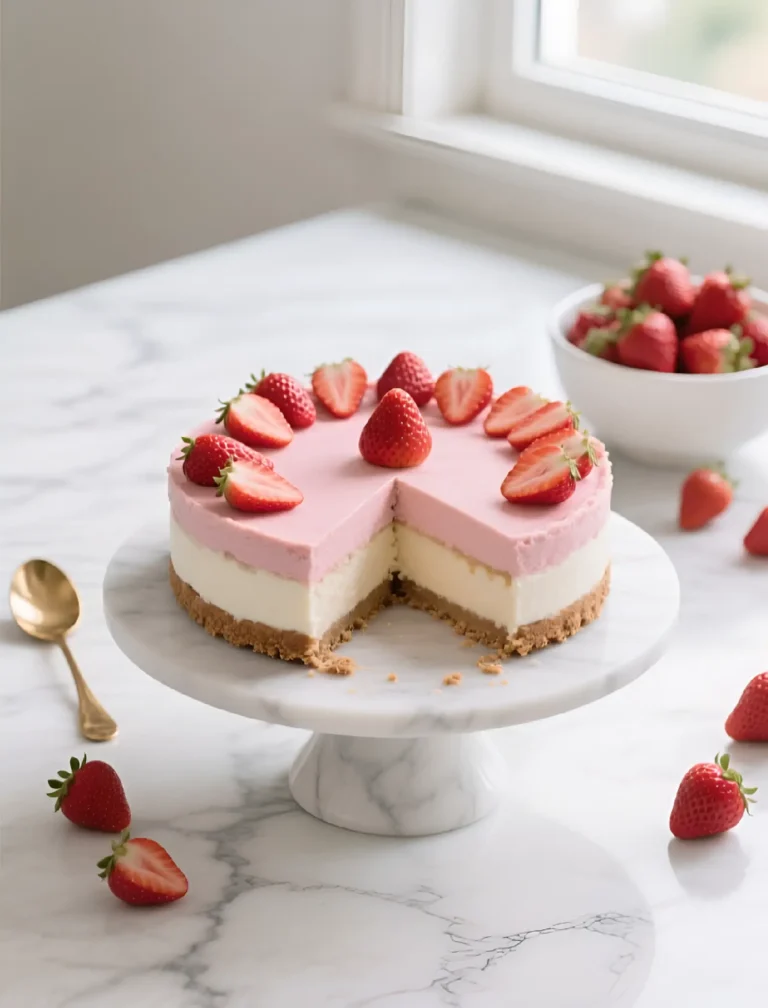 Perfect no-bake strawberry cheesecake with graham cracker crust showing clean slice on marble countertop