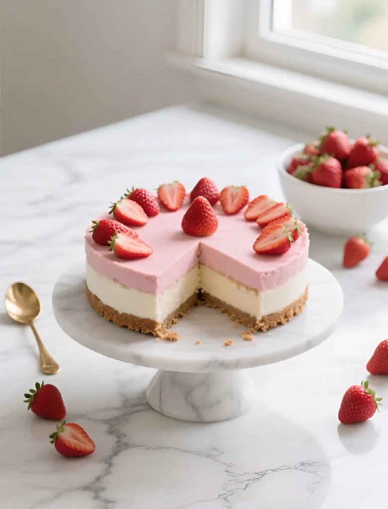 Perfect no-bake strawberry cheesecake with graham cracker crust showing clean slice on marble countertop