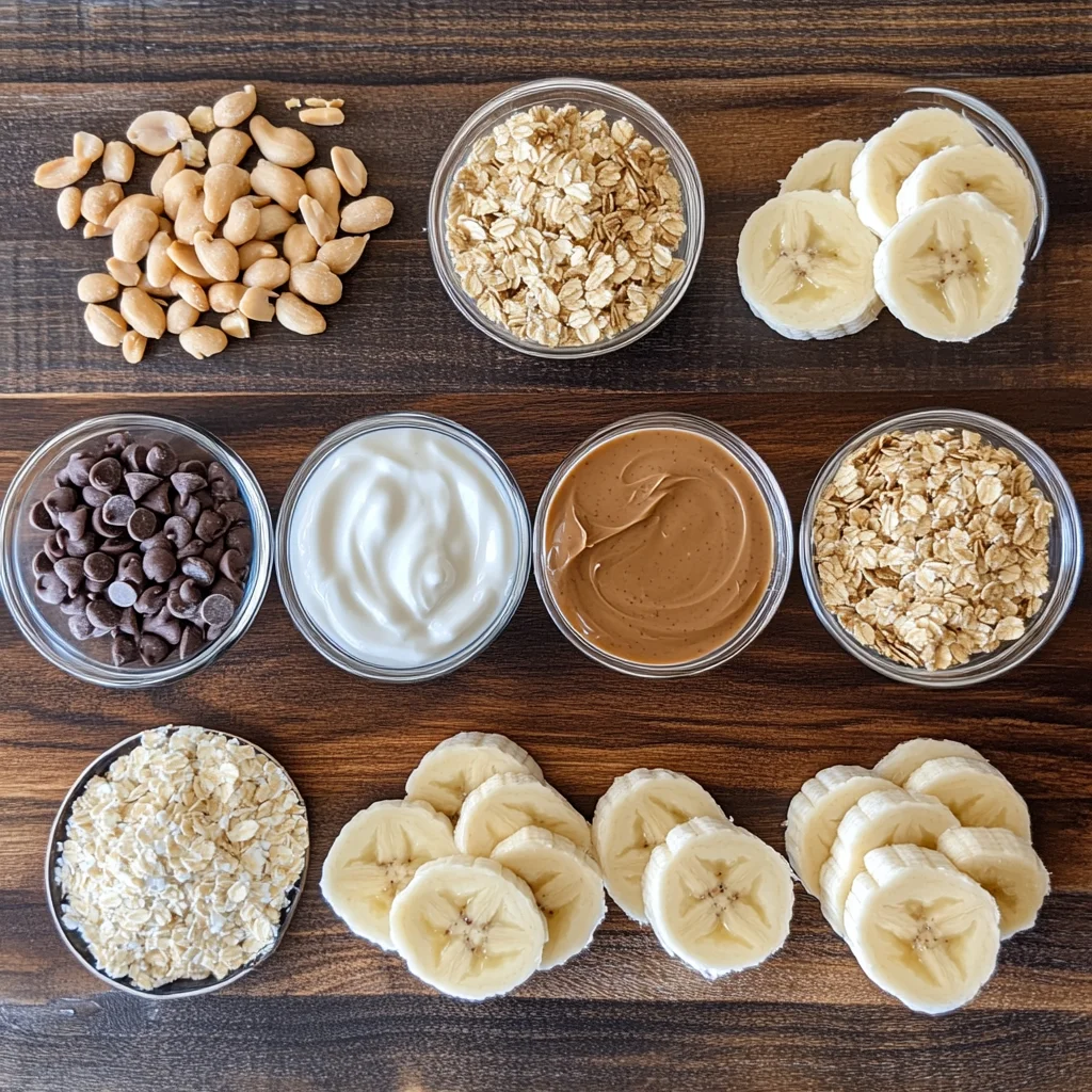 Ingredients for frozen banana peanut butter bites on counter