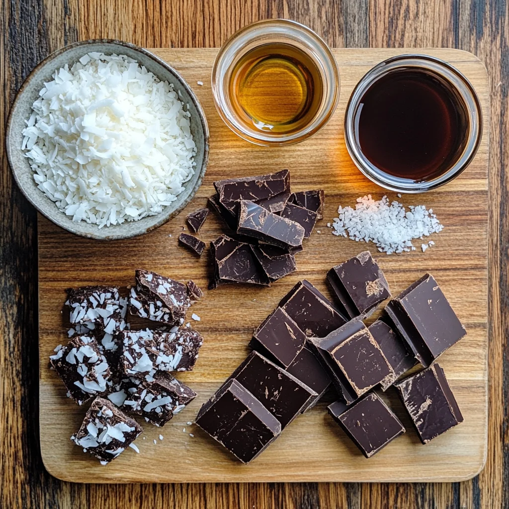 Ingredients for coconut candy bars laid out on wooden board