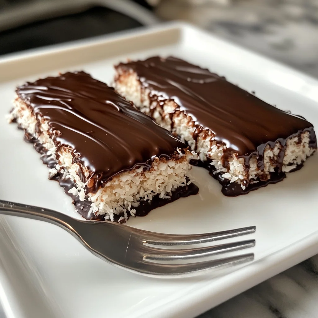 Dipping coconut candy bars into melted chocolate