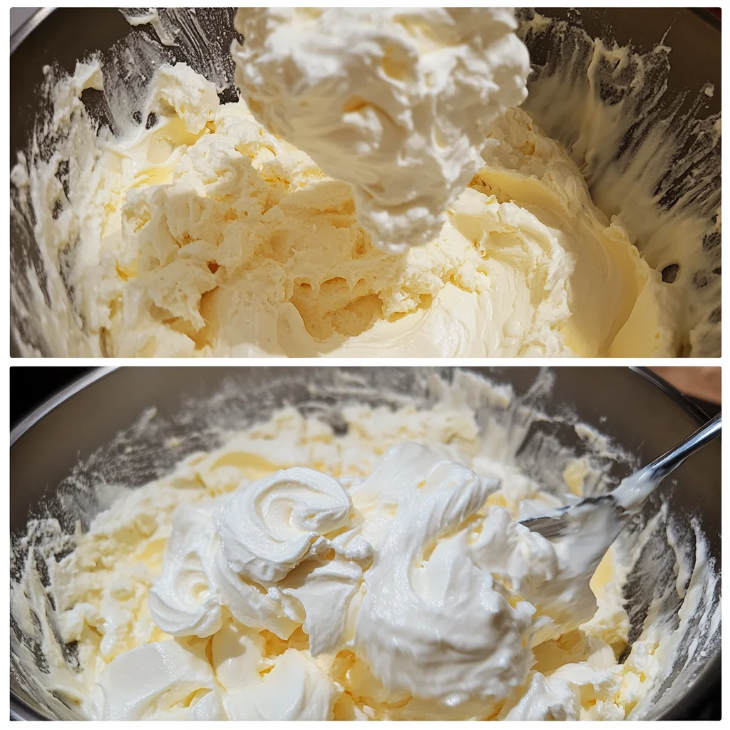 folding whipped cream into lemon cheesecake filling