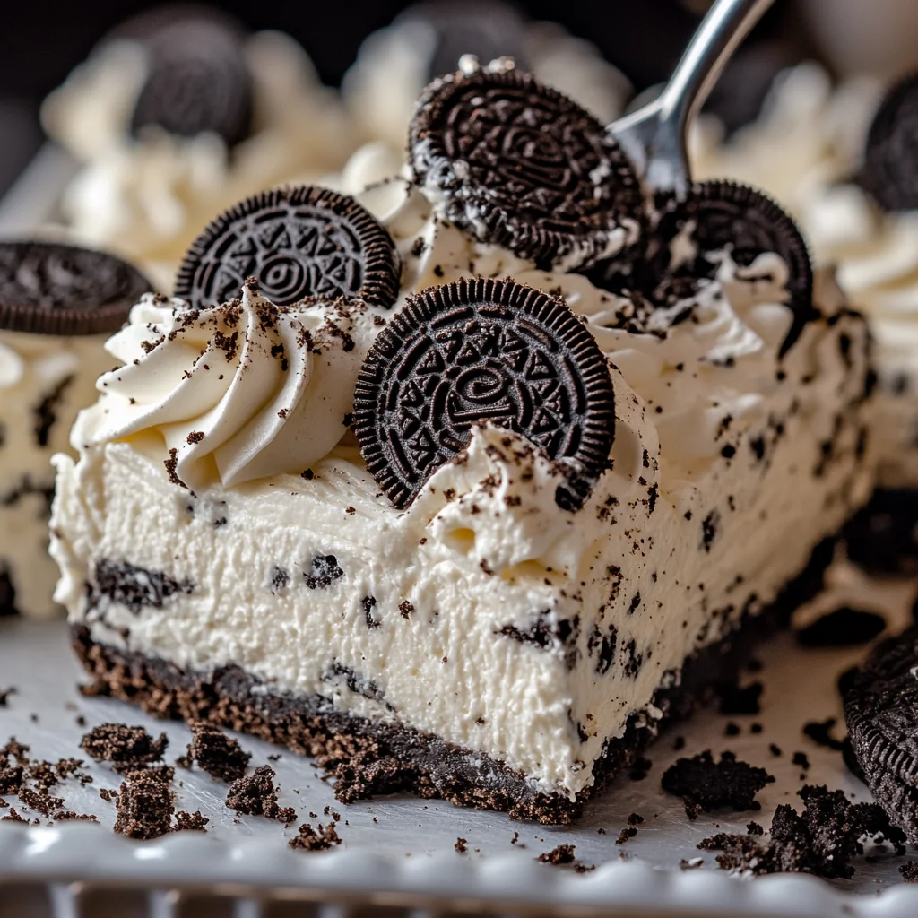 No bake Oreo cheesecake slice in pan