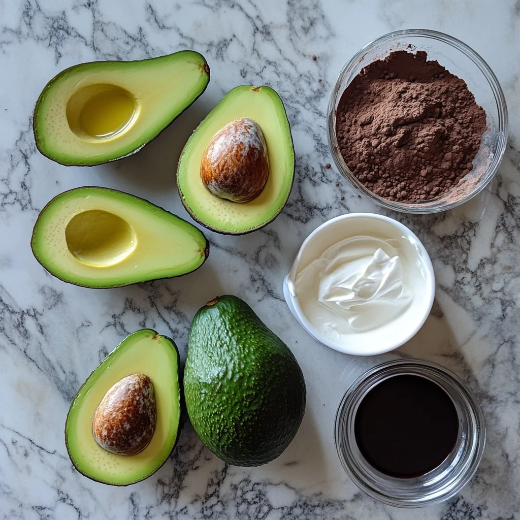 Ingredients for vegan avocado chocolate mousse including avocado, cocoa, and maple syrup