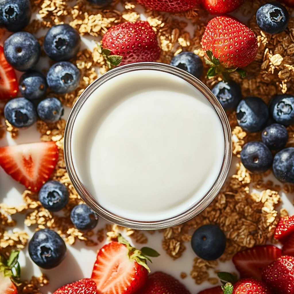 vanilla yogurt with fruit and granola toppings