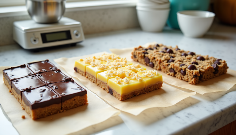 Assorted no-bake bars cut into squares on parchment paper including chocolate peanut butter bars, lemon coconut squares, and oatmeal cookie bars with kitchen tools