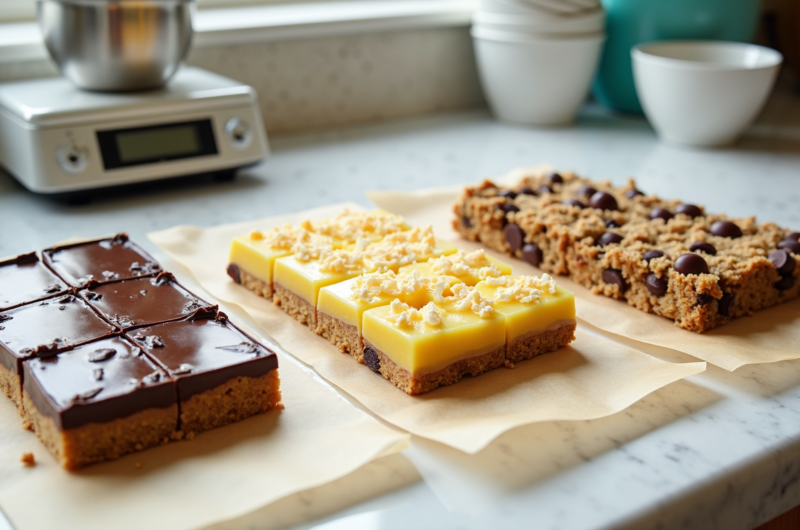 Assorted no-bake bars cut into squares on parchment paper including chocolate peanut butter bars, lemon coconut squares, and oatmeal cookie bars with kitchen tools