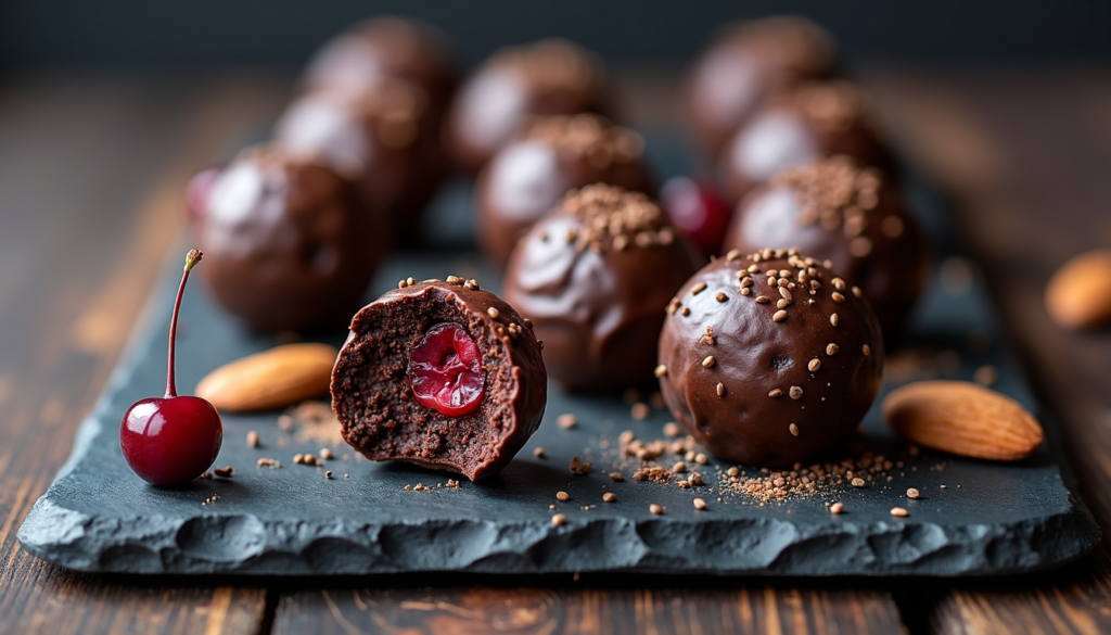 Chocolate cherry recovery energy balls with visible cherries and chia seeds on slate board