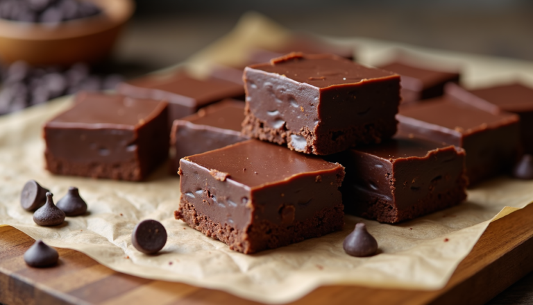 Rich dark chocolate fudge squares cut on parchment paper with wooden spoon and chocolate chips