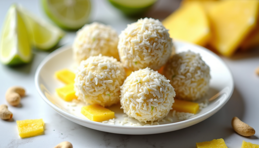 Coconut lime tropical energy balls coated in shredded coconut with lime wedges
