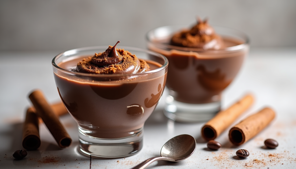 Elegant glass cups filled with dark chocolate mousse dusted with cinnamon, coffee beans nearby
