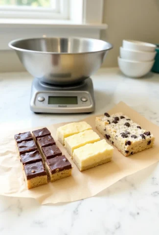 Assorted no-bake bars cut into squares on parchment paper including chocolate peanut butter bars, lemon coconut squares, and oatmeal cookie bars with kitchen tools