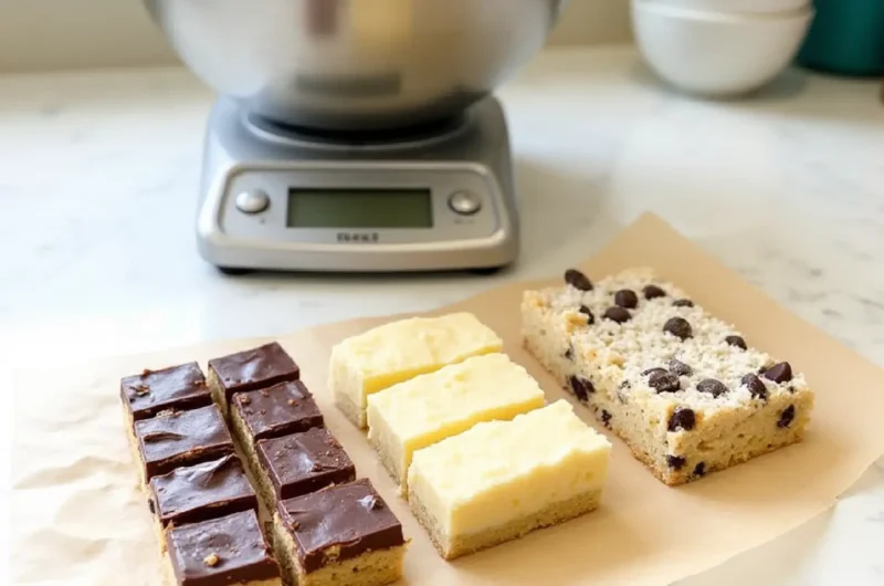 Assorted no-bake bars cut into squares on parchment paper including chocolate peanut butter bars, lemon coconut squares, and oatmeal cookie bars with kitchen tools