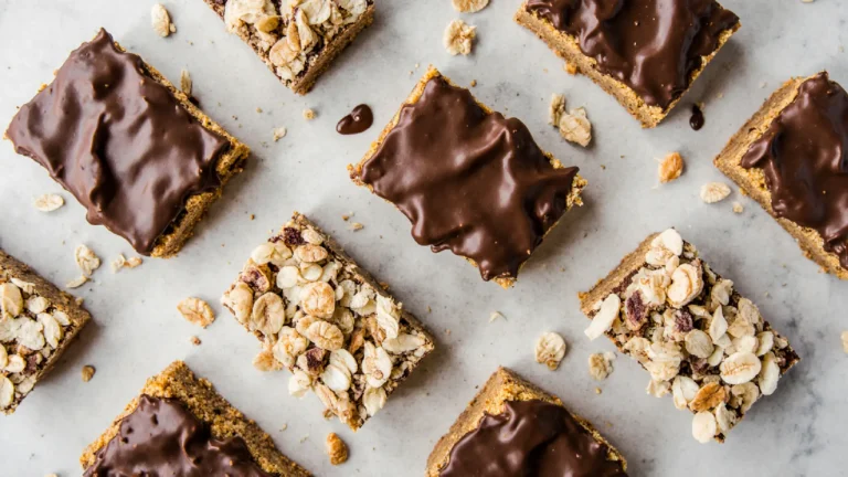 Assorted no-bake bars cut into squares on parchment paper including chocolate peanut butter bars, lemon coconut squares, and oatmeal cookie bars with kitchen tools