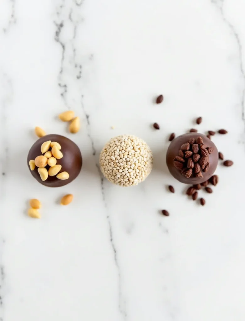 Three varieties of homemade No-Bake energy balls showing peanut butter chocolate, coconut lime, and chocolate cherry recipes