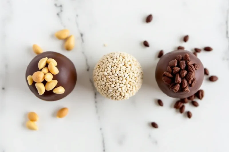 Three varieties of homemade No-Bake energy balls showing peanut butter chocolate, coconut lime, and chocolate cherry recipes