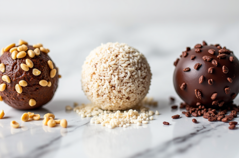 Three varieties of homemade No-Bake energy balls showing peanut butter chocolate, coconut lime, and chocolate cherry recipes