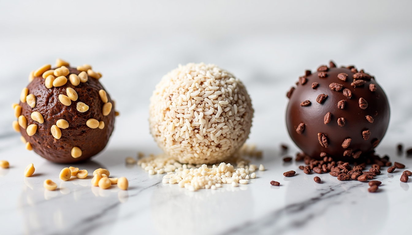 Three varieties of homemade No-Bake energy balls showing peanut butter chocolate, coconut lime, and chocolate cherry recipes