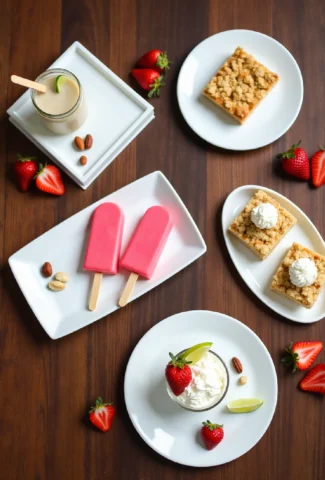 Overhead view of no-bake frozen desserts including icebox cake, parfaits, and popsicles arranged on wooden table