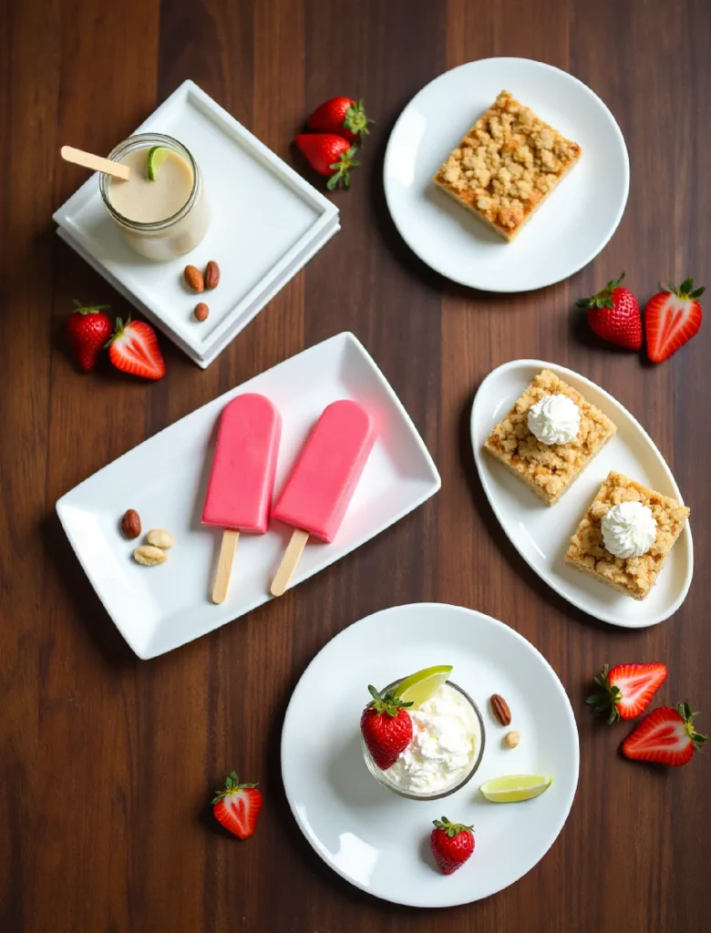 Overhead view of no-bake frozen desserts including icebox cake, parfaits, and popsicles arranged on wooden table