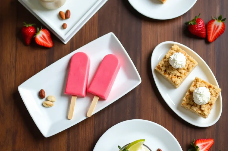 Overhead view of no-bake frozen desserts including icebox cake, parfaits, and popsicles arranged on wooden table