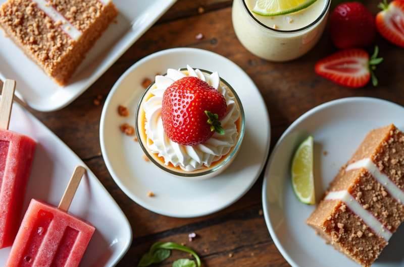 Overhead view of no-bake frozen desserts including icebox cake, parfaits, and popsicles arranged on wooden table