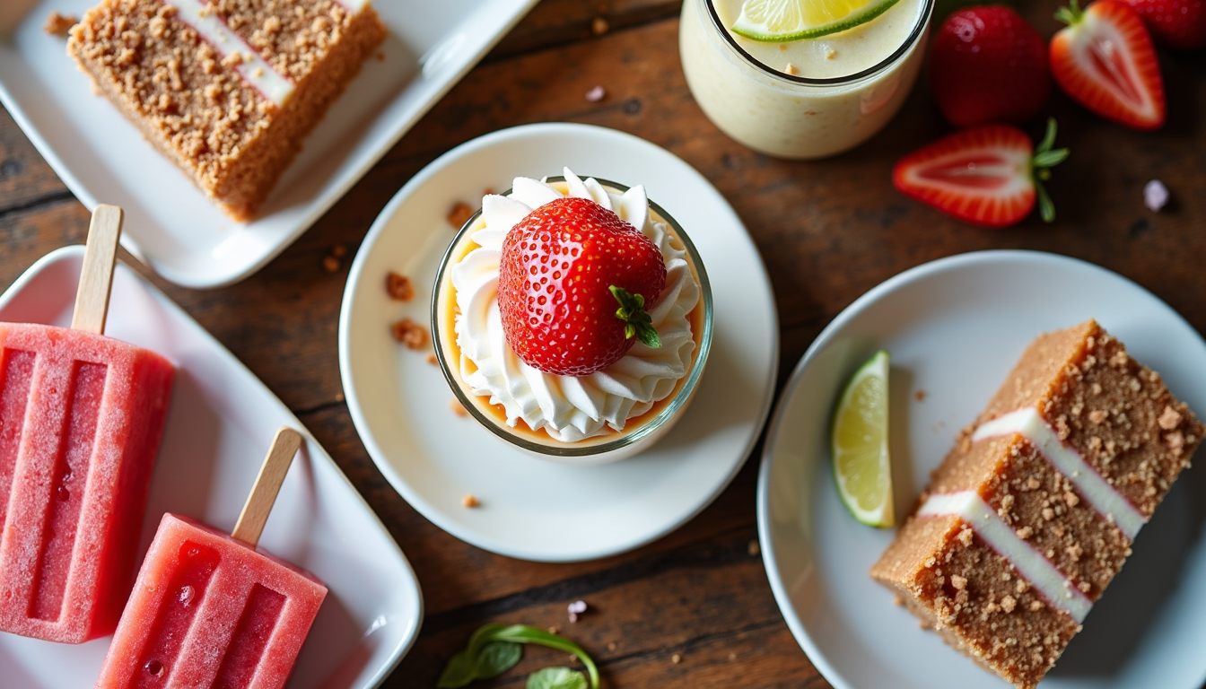 Overhead view of no-bake frozen desserts including icebox cake, parfaits, and popsicles arranged on wooden table
