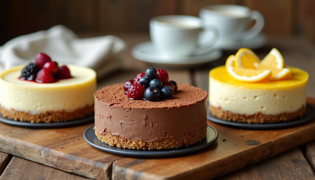 Three no-bake cheesecake flavors - vanilla, chocolate, and lemon - with different crusts on wooden table