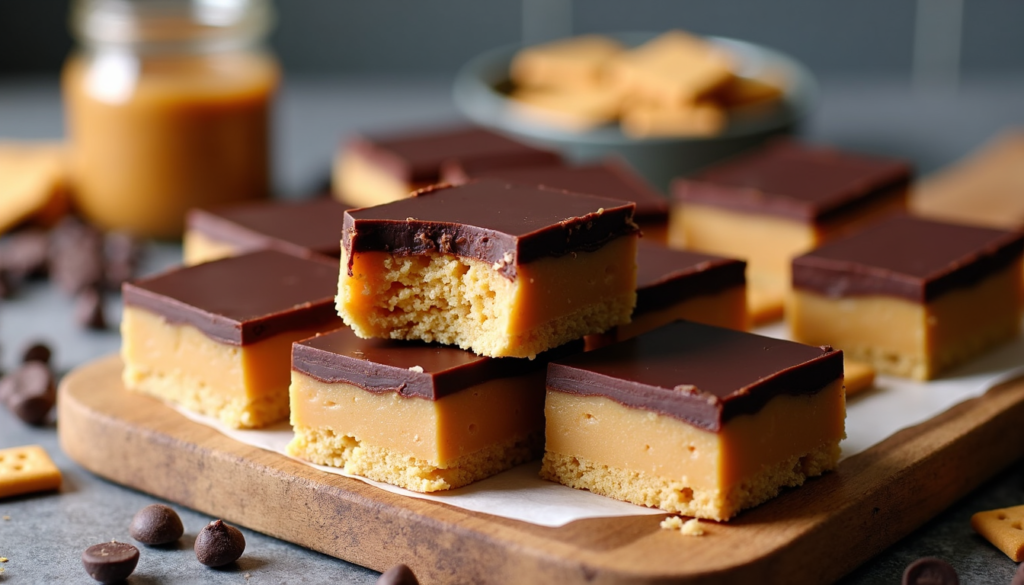 No-bake chocolate peanut butter bars cut into squares showing two-layer structure on wooden board
