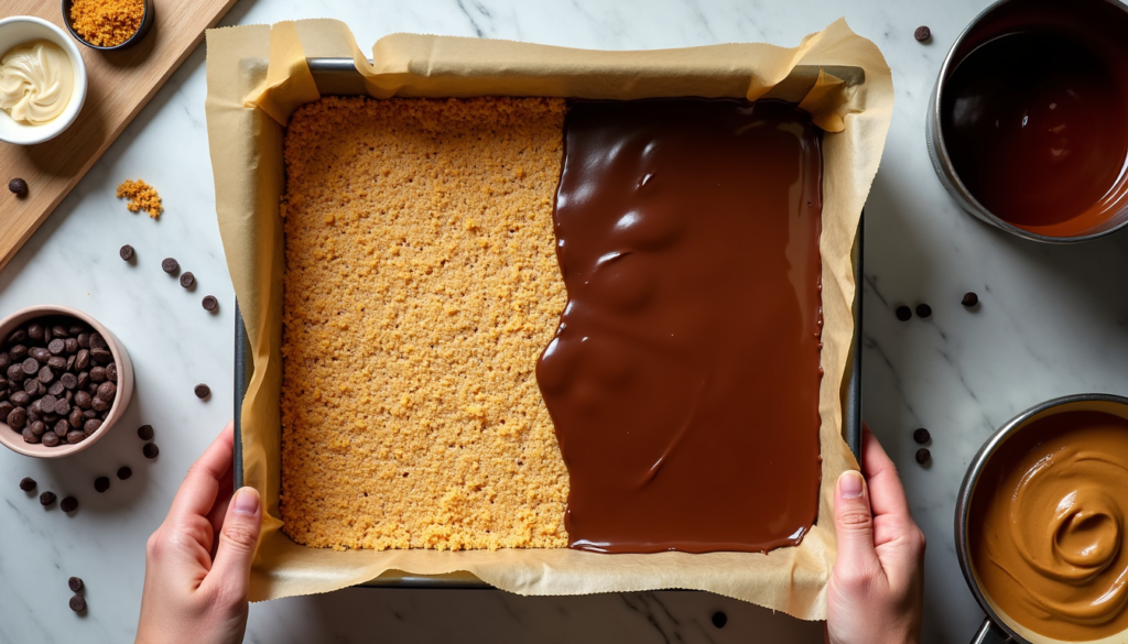 Overhead view of baking pan with chocolate being poured over peanut butter base for no-bake bars