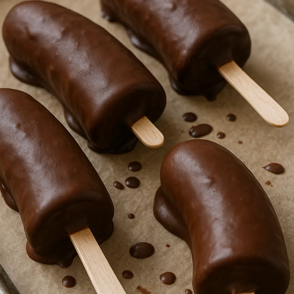 Frozen Banana Pops coated and ready to freeze