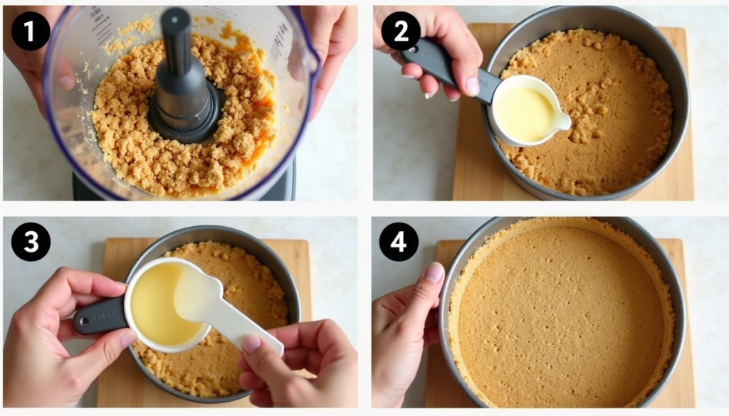 Step-by-step graham cracker crust preparation for no-bake cheesecake showing crushing, mixing, and pressing techniques
