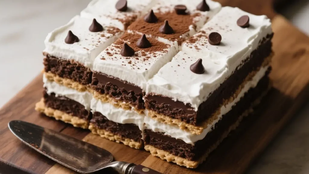 Overhead view of no-bake frozen icebox cake arranged on wooden table