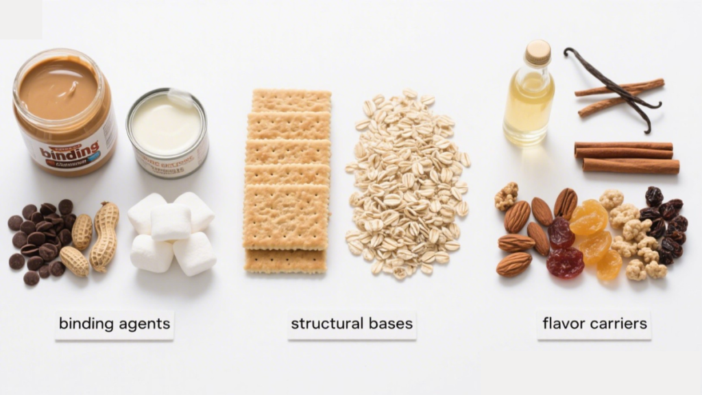 Flat lay of no-bake bar ingredients organized into three groups: binding agents, structural bases, and flavor carriers