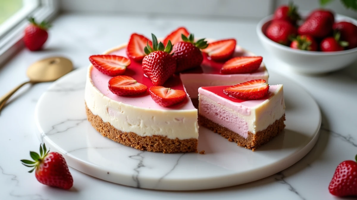 Perfect no-bake strawberry cheesecake with graham cracker crust showing clean slice on marble countertop