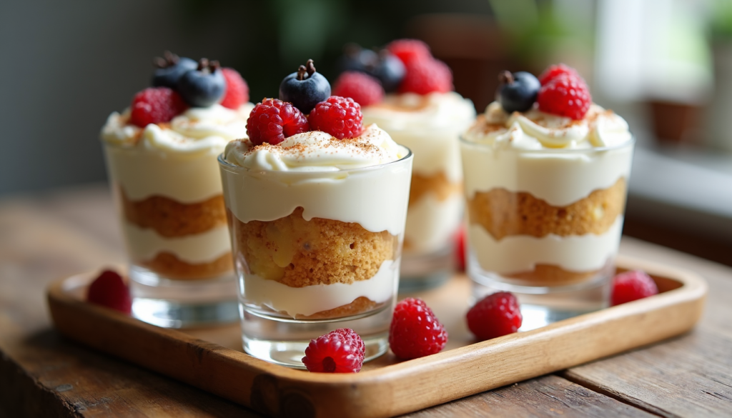 Layered tres leches parfaits in clear glasses with pound cake, cream, and cinnamon toppings