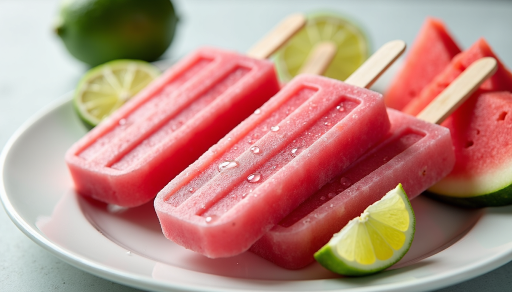 Pink watermelon lime popsicles on wooden sticks with fresh fruit garnish on white plate