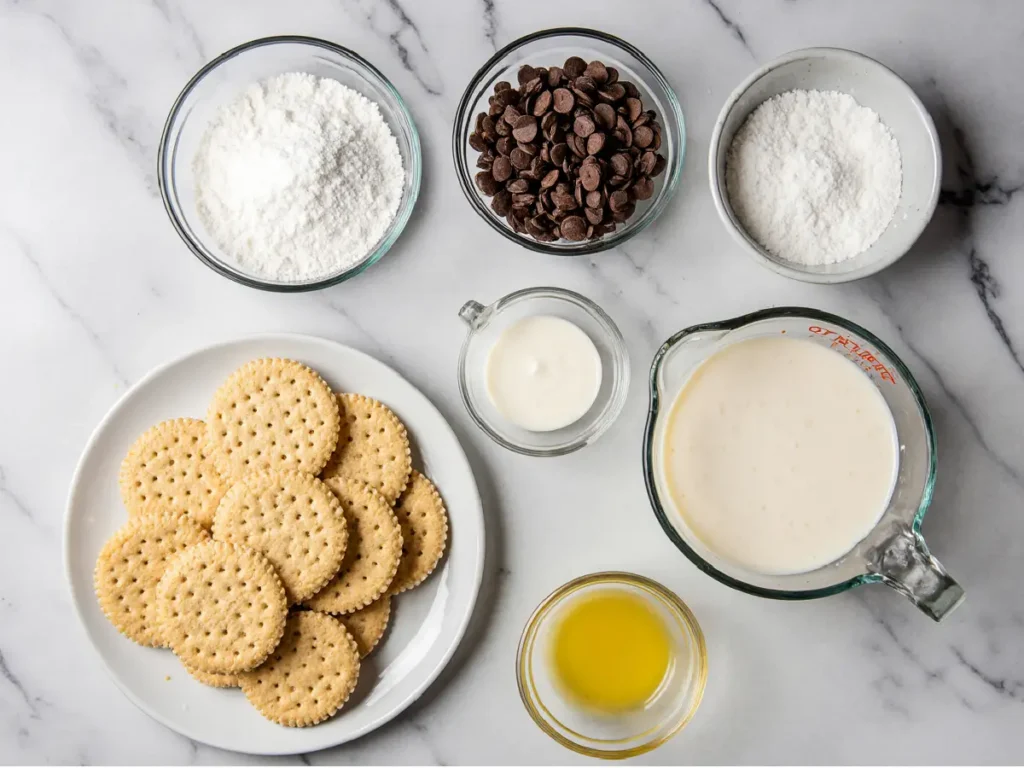Ingredients for no bake boston cream pie bars including vanilla wafers, pudding mix, and chocolate