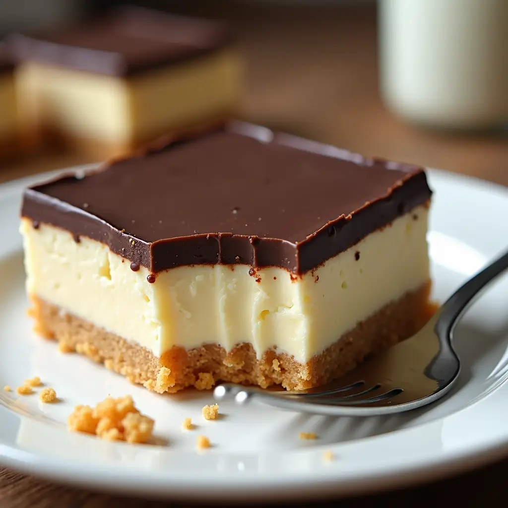 Close up of layered no bake boston cream pie bar showing vanilla wafer crust, pudding, and chocolate ganache
