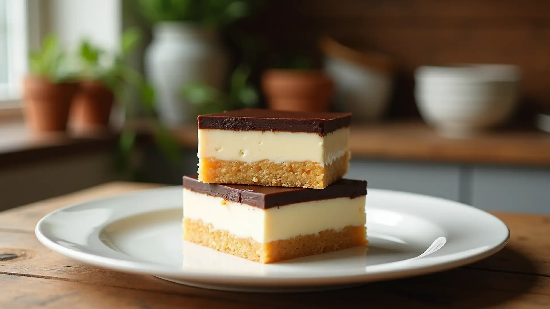 No bake boston cream pie bars with glossy chocolate ganache on white plate